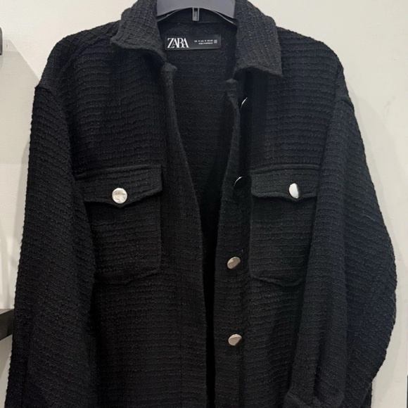 ZARA Tweed Oversized Shacket Jacket Textured Frayed Black w/Silver Buttons Med - Picture 3 of 5